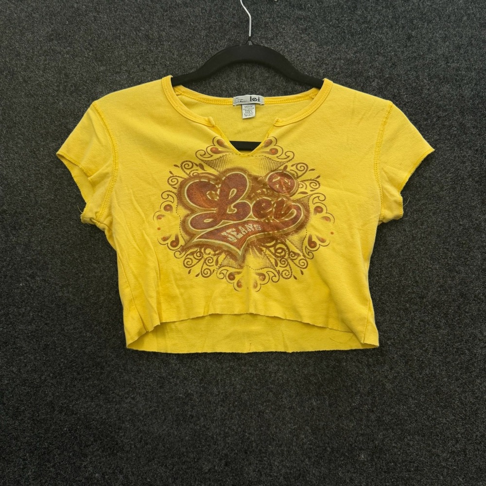 lei Womens Y2K Baby Tee Yellow Graphic Ribbed Crop Medium Peace Heart Notched